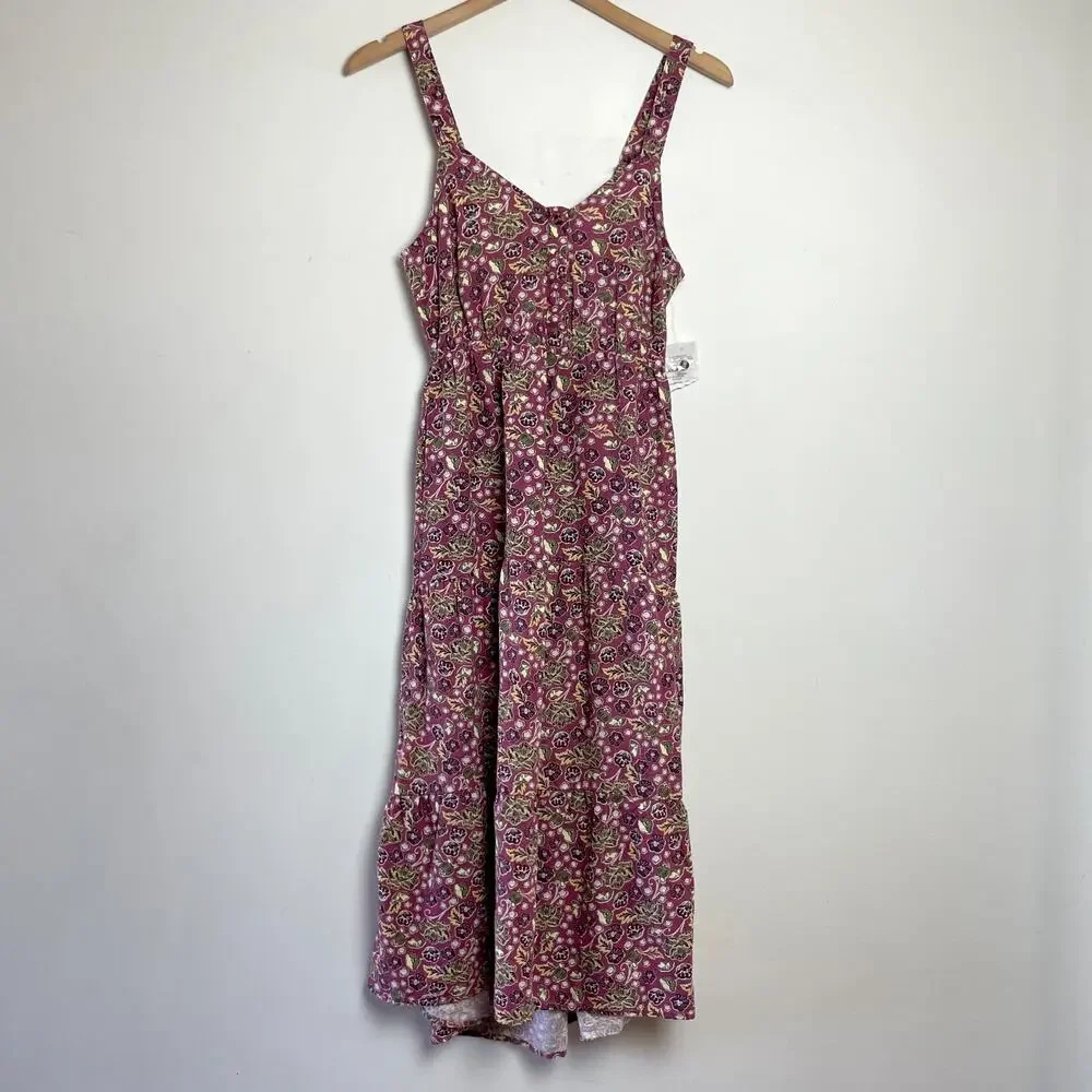 Floral Midi Sun Dress XS Linen Blend Burgundy Boho Cottage Romantic‎ NWT